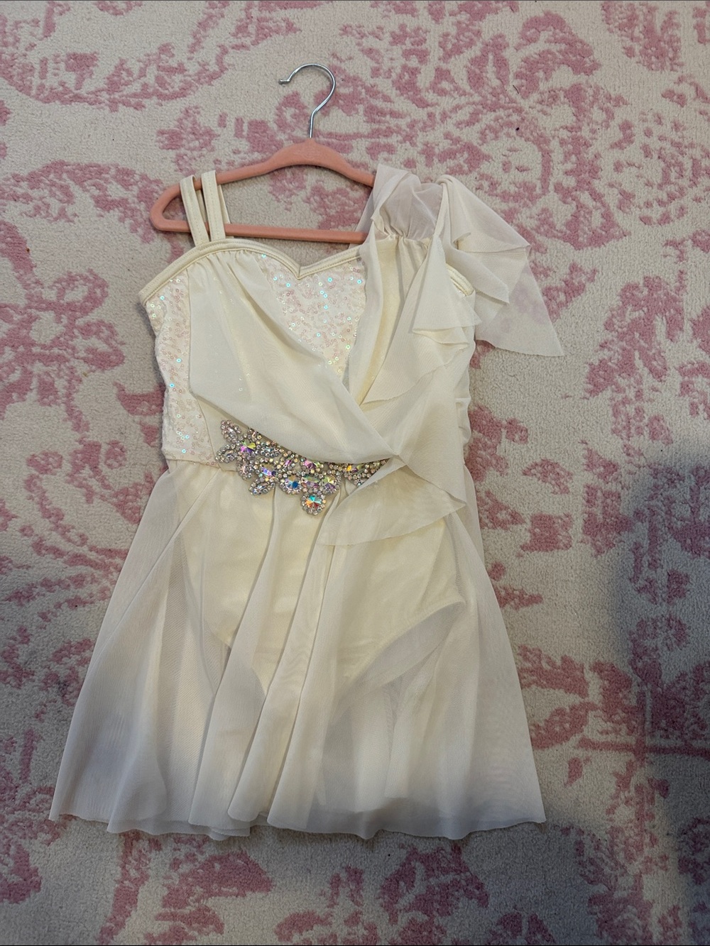Weissman Cream One-Shoulder Sequin & Jeweled Waist Dress
